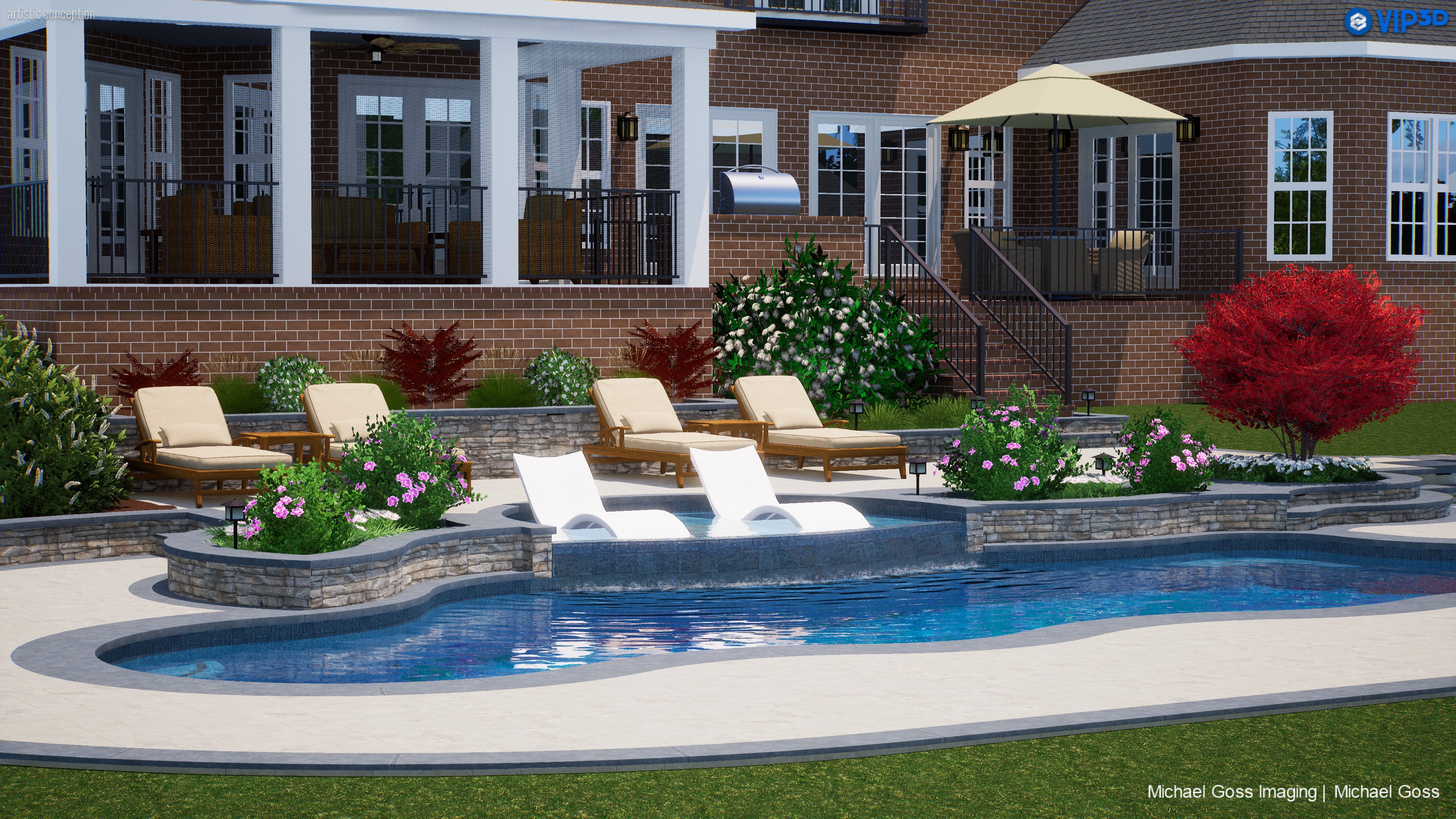 Classic residential pool and spa exterior render
