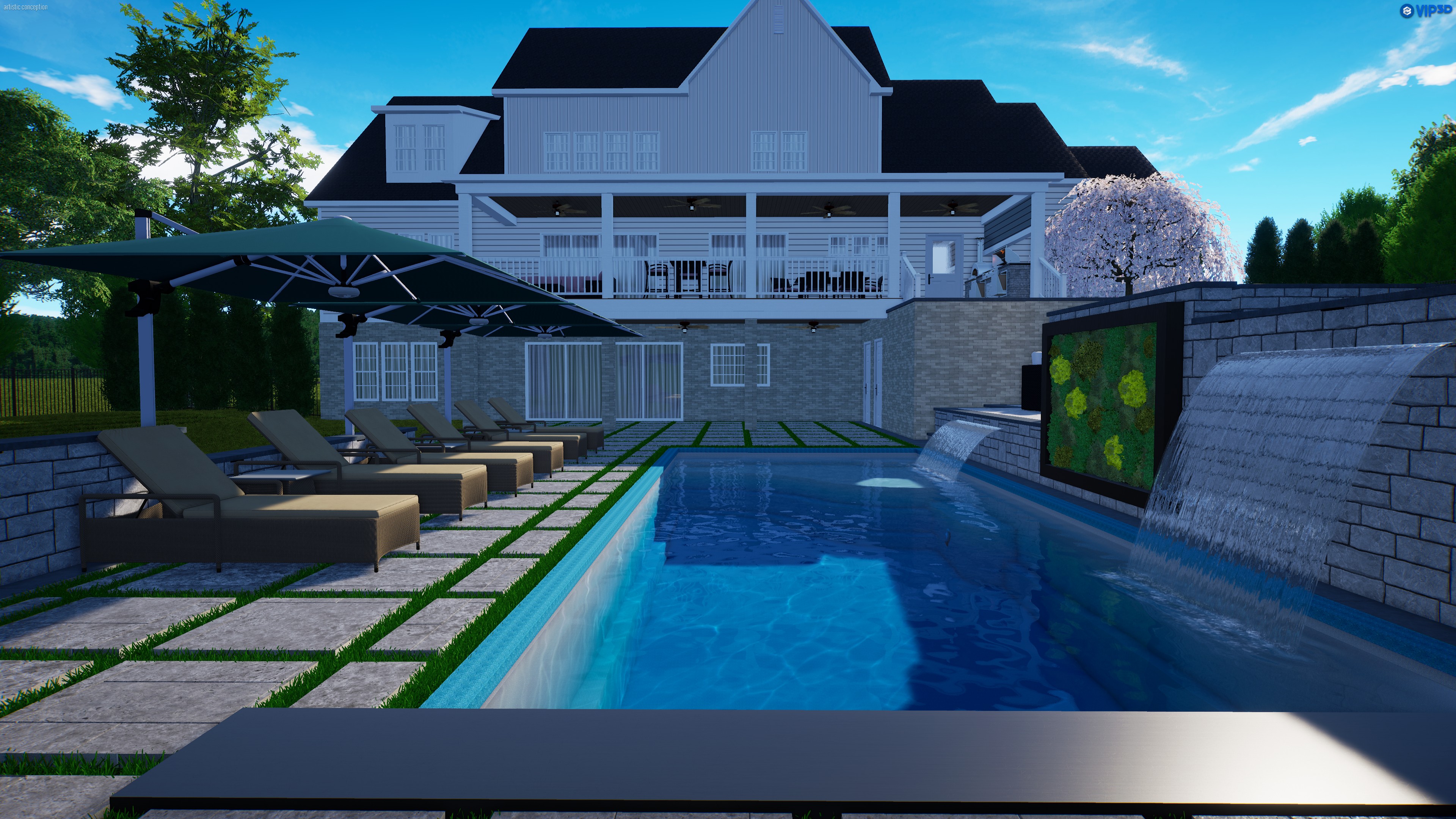 Contemporary estate pool exterior render with waterfall and lighting