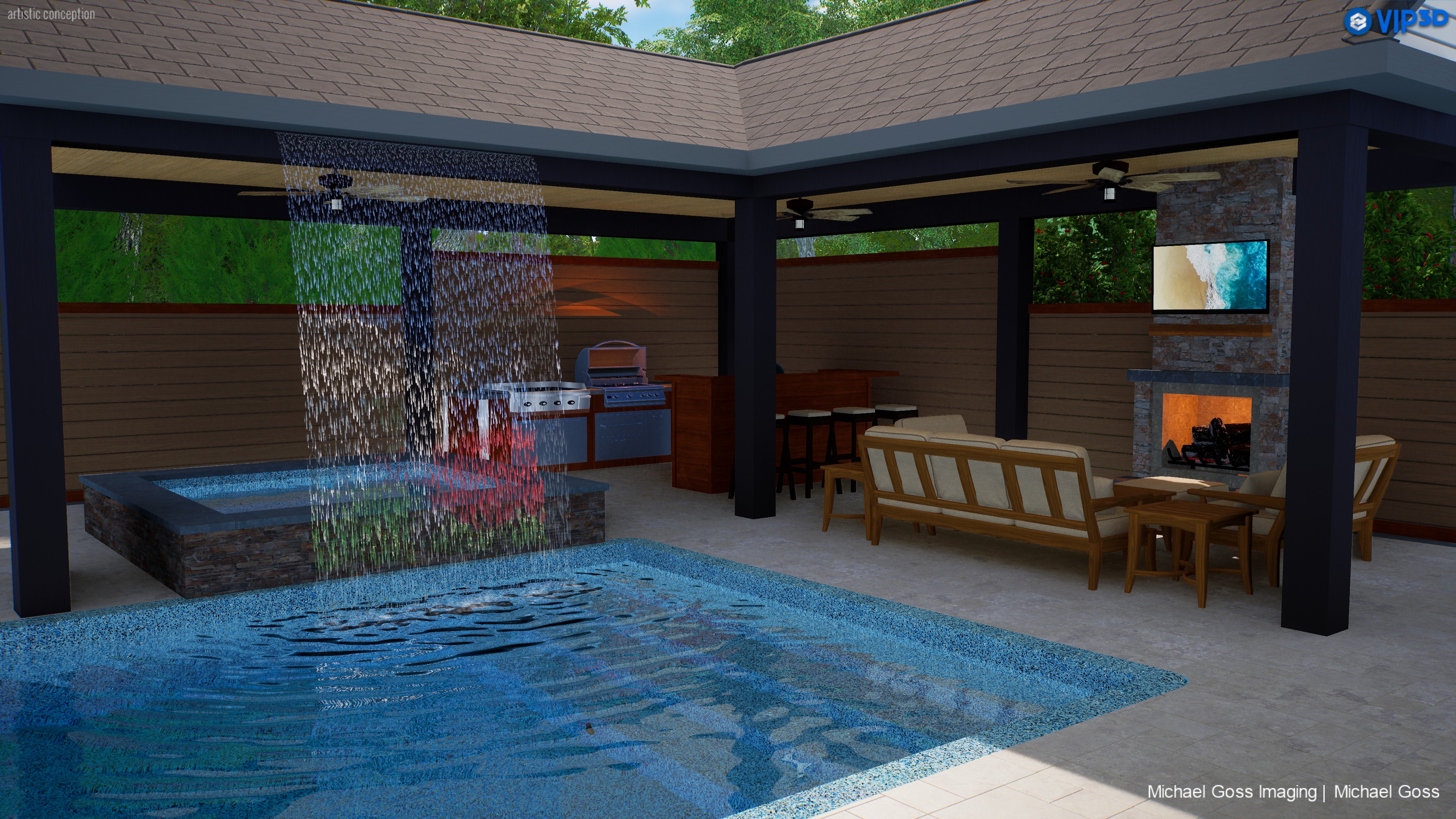 Covered patio exterior render with fire and water feature
