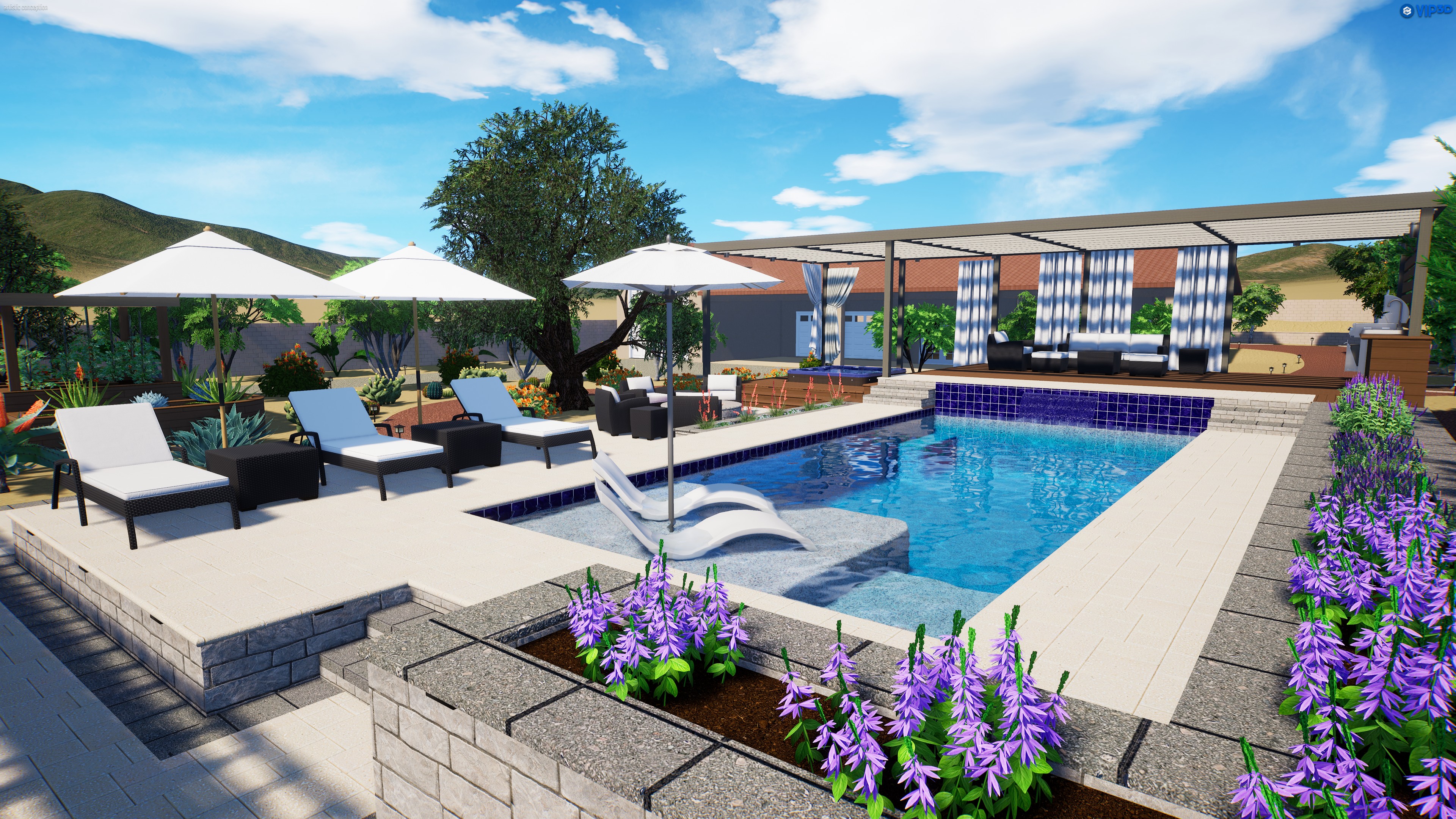 3D exterior render of a desert pool terrace with lounge seating and pavilion