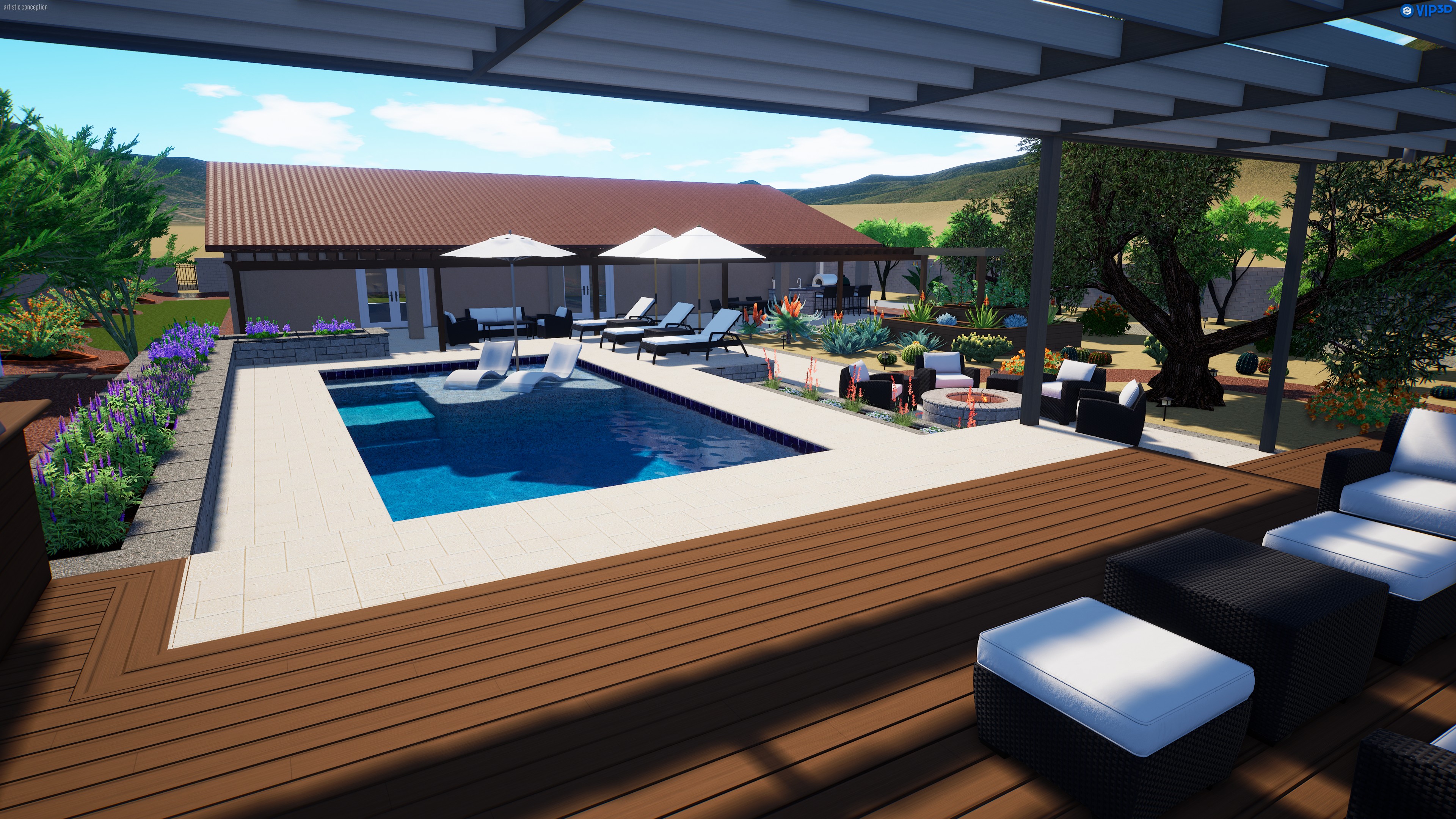 Desert outdoor living exterior render with pool and lounge seating