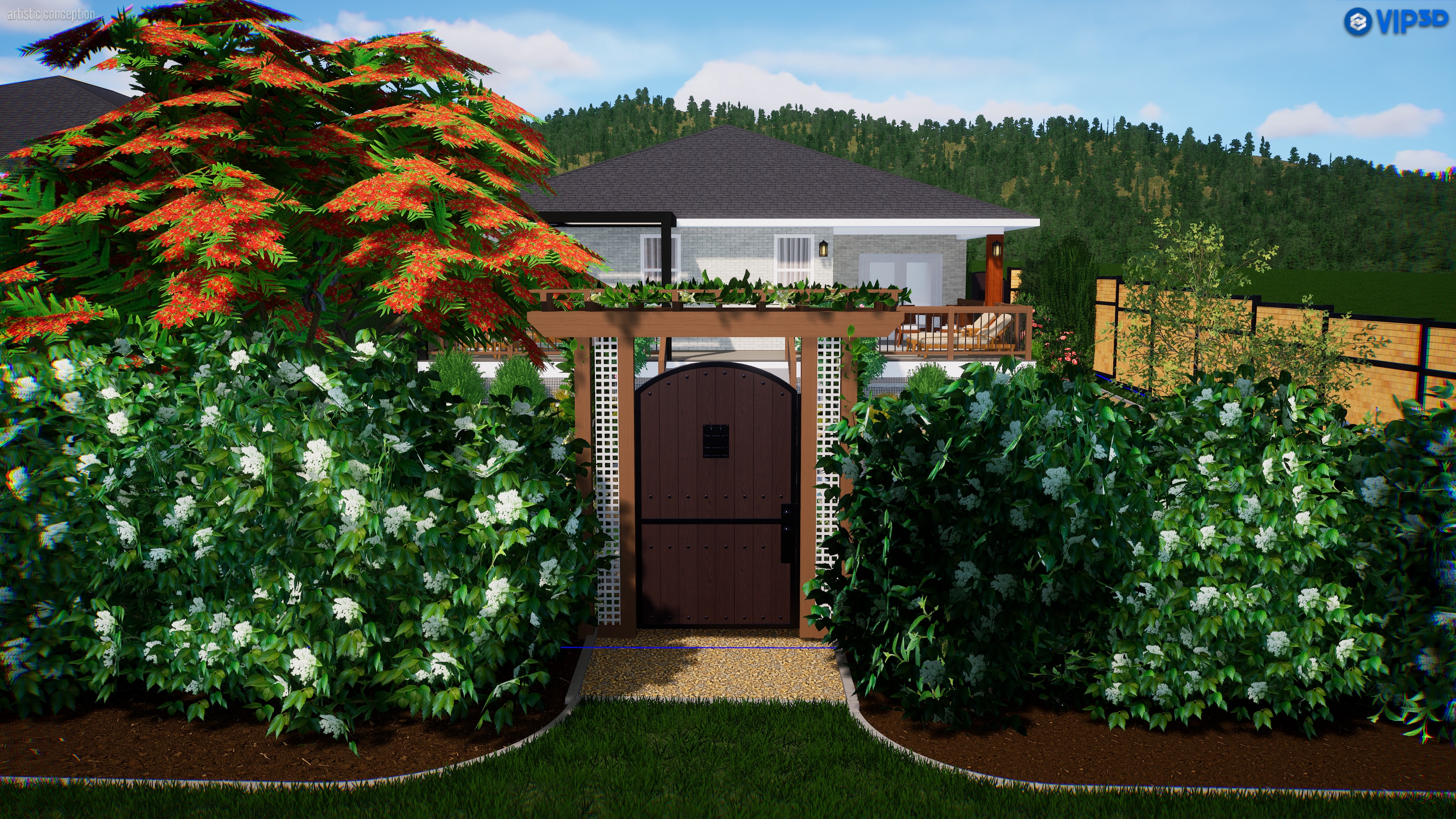 Garden entry path exterior render with flowering arbor