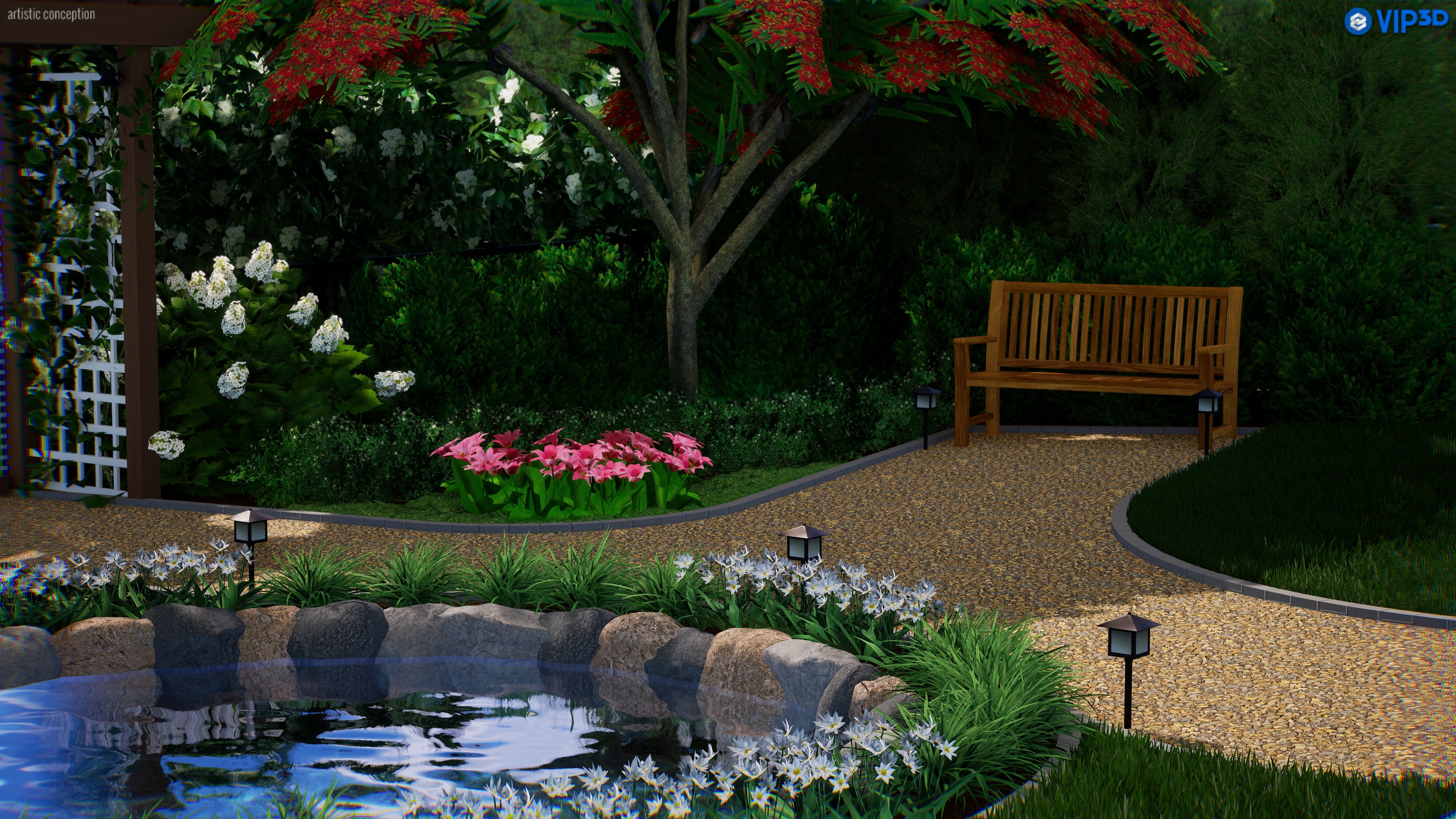 3D exterior render of a garden pond with stone path, bench, and layered planting