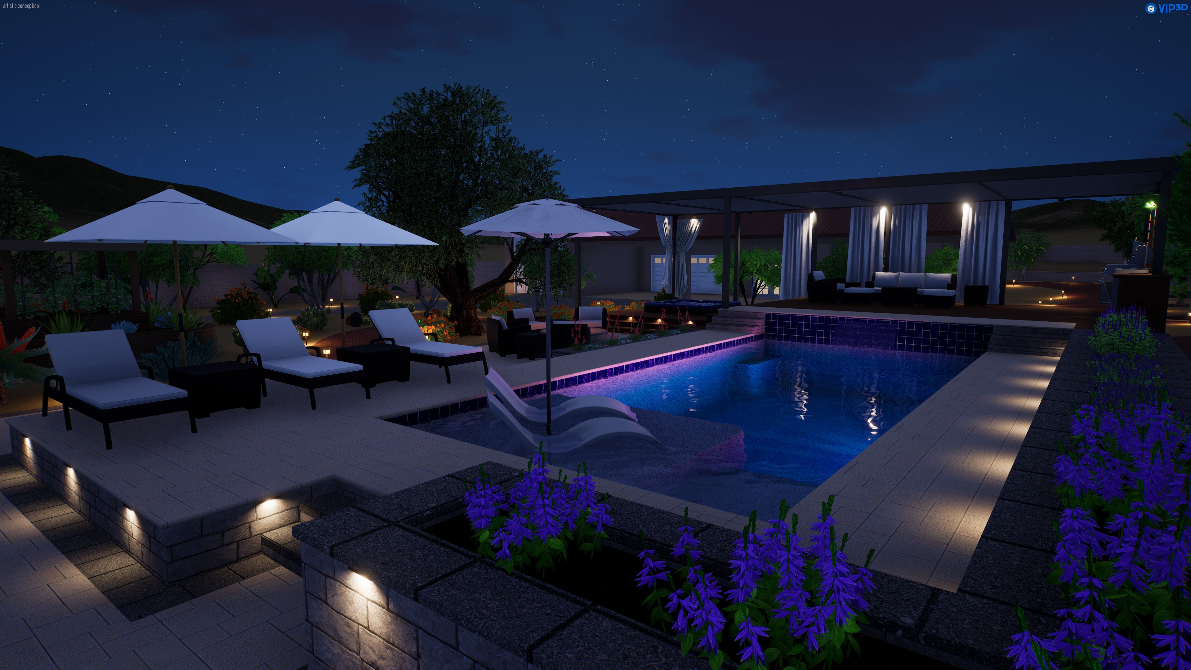 Night pool exterior render with landscape lighting