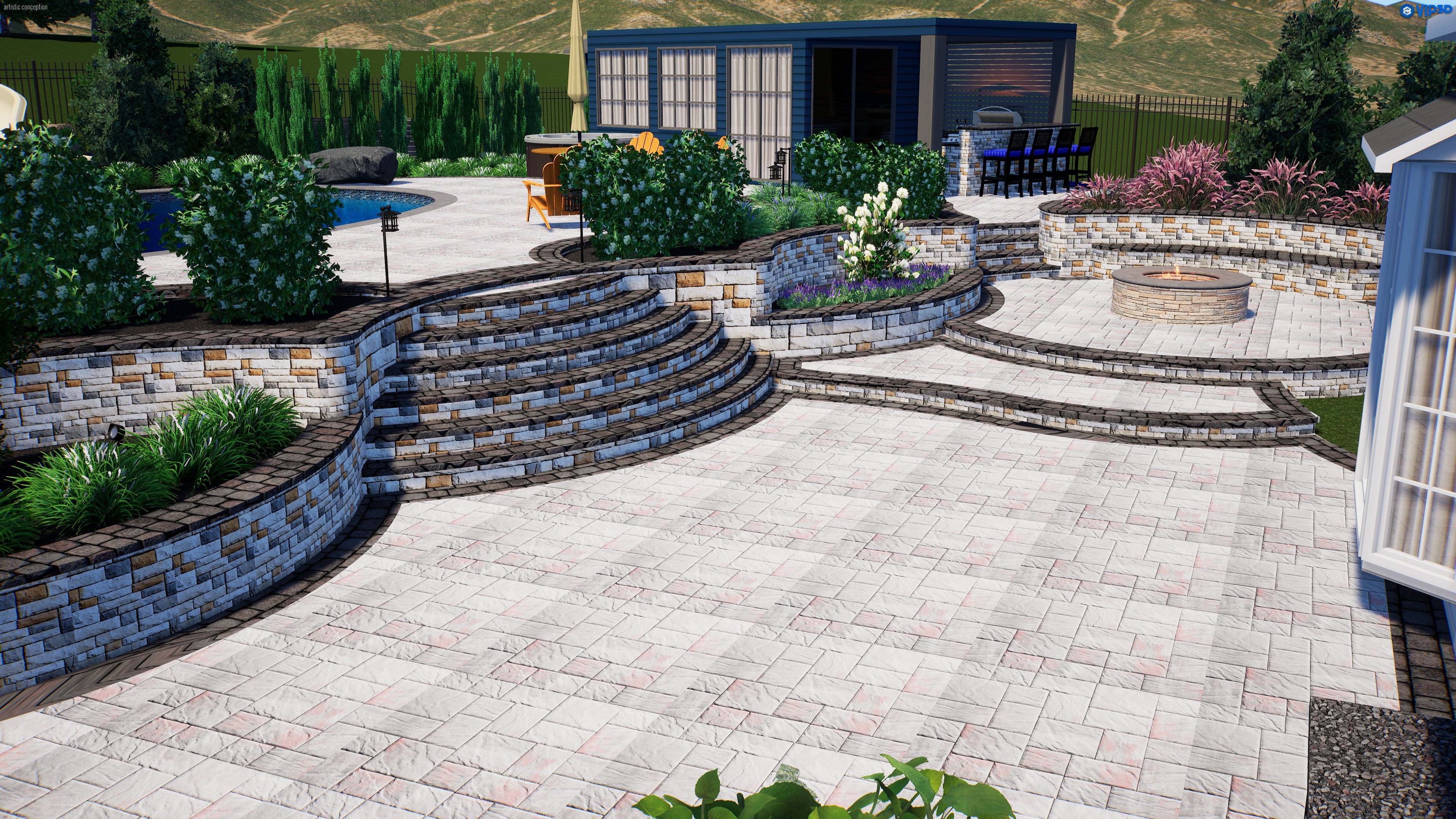 3D exterior render of terraced hardscape steps, planting, fire pit, and outdoor kitchen