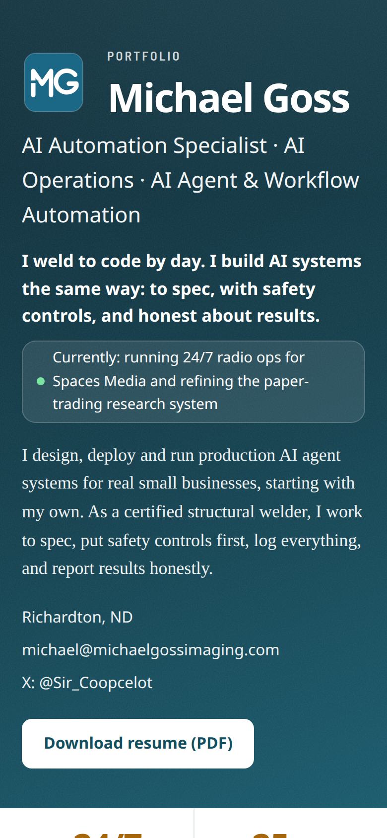 Phone screenshot of the Michael Goss portfolio homepage