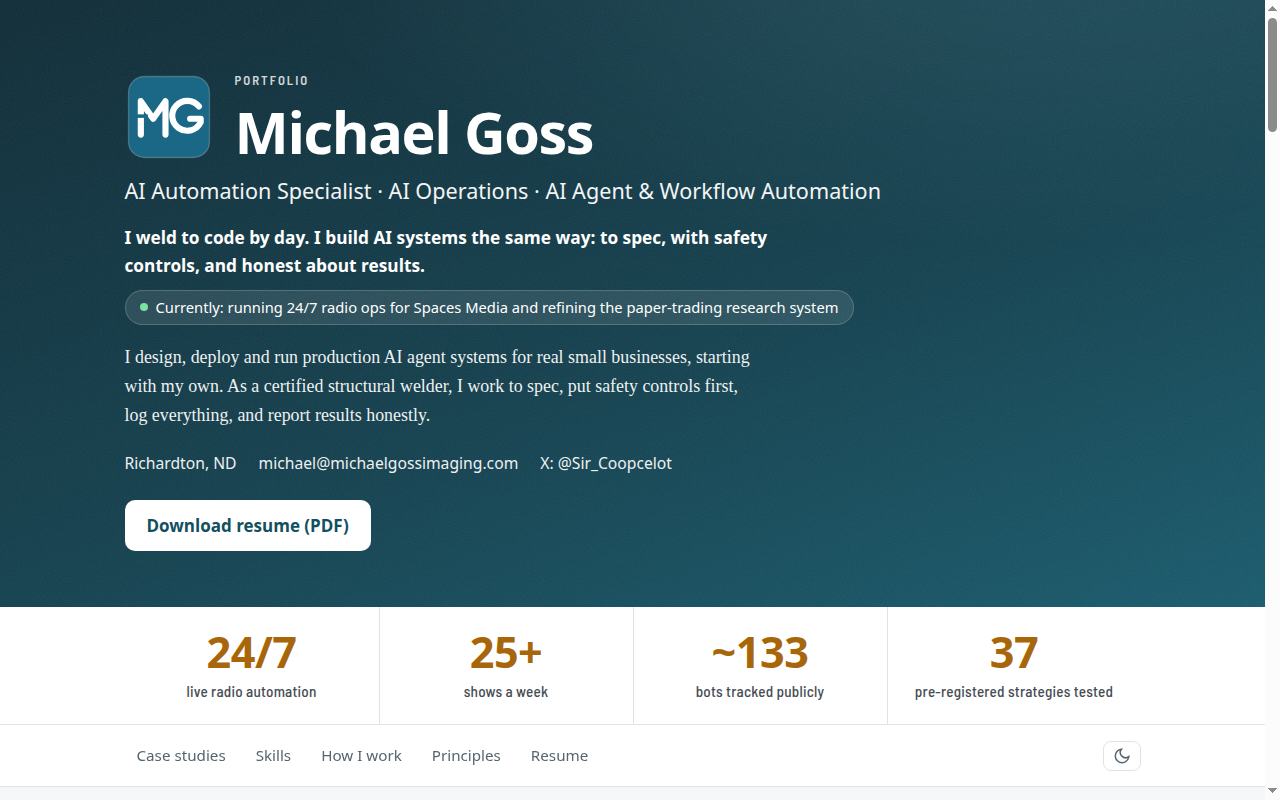 Desktop screenshot of the Michael Goss portfolio homepage